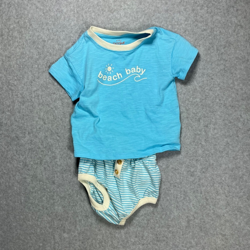 Cat & Jack Baby Boys 18M Beach Baby T-Shirt and Striped Bummies Outfit Set Blue